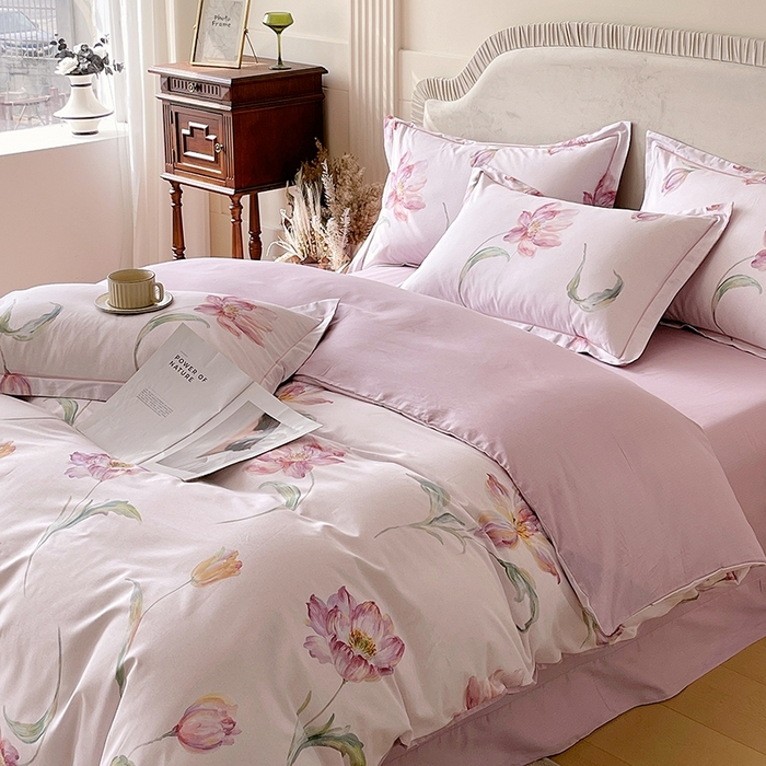 91家纺网 家纺一手货源 找家纺 梧桐树 2026新款高支密全棉纯棉印花四件套 A603清雅 紫