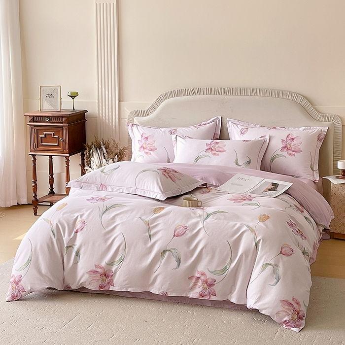 91家纺网 家纺一手货源 找家纺 梧桐树 2026新款高支密全棉纯棉印花四件套 A603清雅 紫