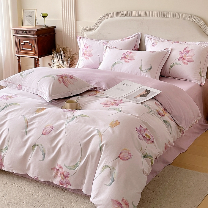 91家纺网 家纺一手货源 找家纺 梧桐树 2026新款高支密全棉纯棉印花四件套 A603清雅 紫