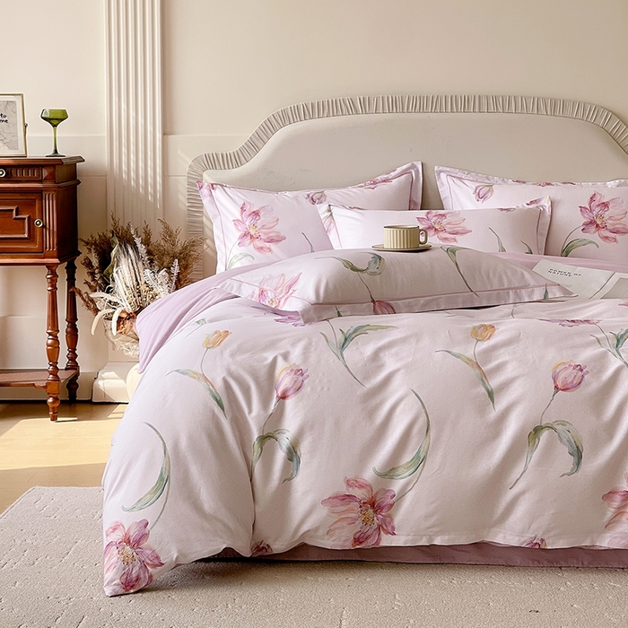 91家纺网 家纺一手货源 找家纺 梧桐树 2026新款高支密全棉纯棉印花四件套 A603清雅 紫