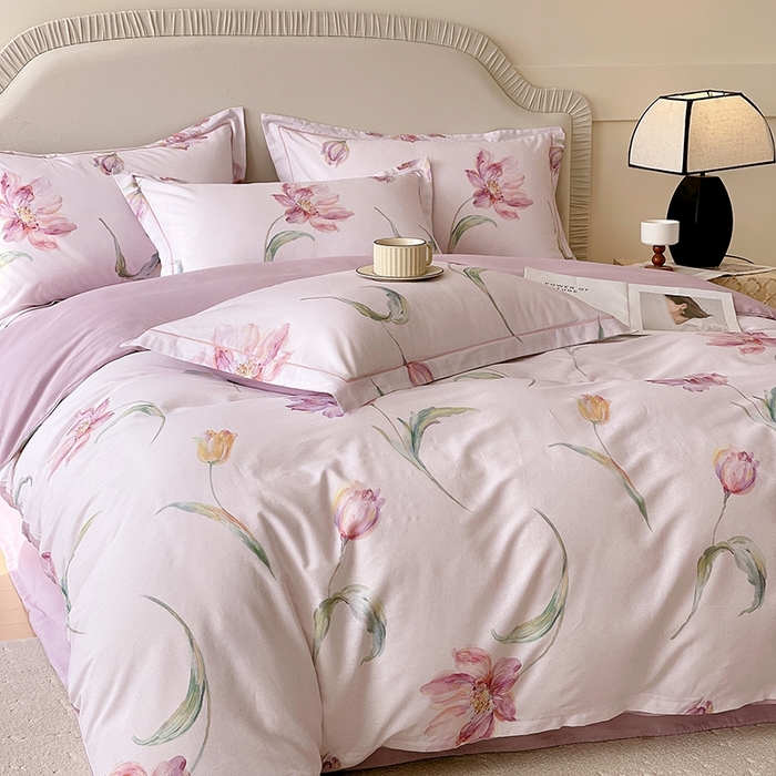 91家纺网 家纺一手货源 找家纺 梧桐树 2026新款高支密全棉纯棉印花四件套 A603清雅 紫