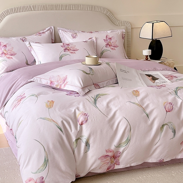 91家纺网 家纺一手货源 找家纺 梧桐树 2026新款高支密全棉纯棉印花四件套 A603清雅 紫