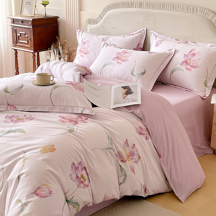 91家纺网 家纺一手货源 找家纺 梧桐树 2026新款高支密全棉纯棉印花四件套 A603清雅 紫