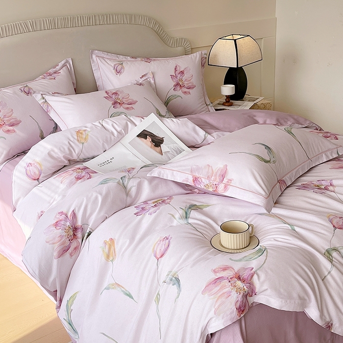 91家纺网 家纺一手货源 找家纺 梧桐树 2026新款高支密全棉纯棉印花四件套 A603清雅 紫