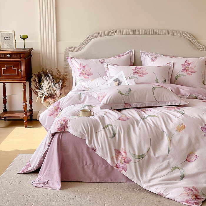 91家纺网 家纺一手货源 找家纺 梧桐树 2026新款高支密全棉纯棉印花四件套 A603清雅 紫