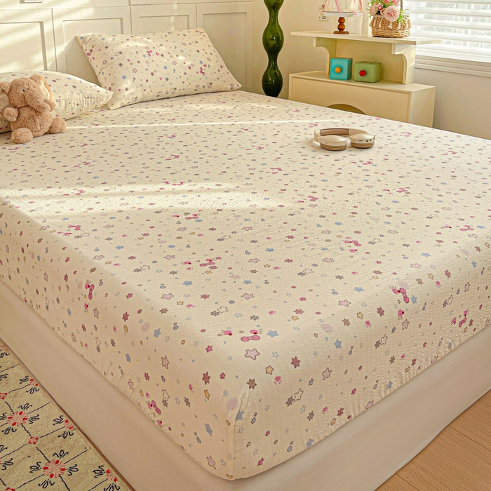 91家纺网 家纺一手货源 找家纺 小桃姐家纺 2025新款超柔印花云感泡芙双层纱床笠单件床笠二三件套 喵星空