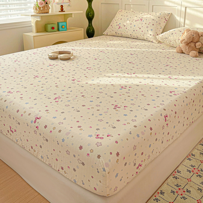 91家纺网 家纺一手货源 找家纺 小桃姐家纺 2025新款超柔印花云感泡芙双层纱床笠单件床笠二三件套 喵星空