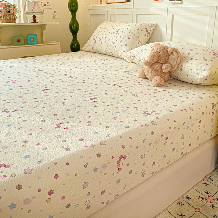 91家纺网 家纺一手货源 找家纺 小桃姐家纺 2025新款超柔印花云感泡芙双层纱床笠单件床笠二三件套 喵星空