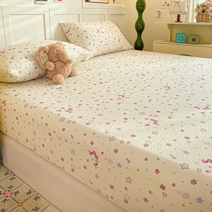 91家纺网 家纺一手货源 找家纺 小桃姐家纺 2025新款超柔印花云感泡芙双层纱床笠单件床笠二三件套 喵星空