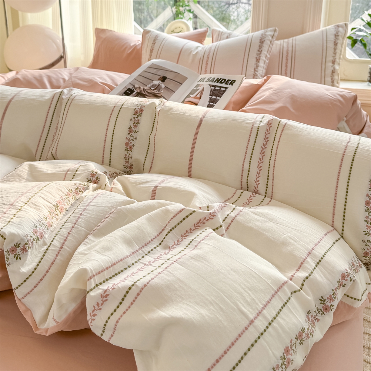 灰鲸 2026新款A类全棉纯棉色织提花四件套 罗兰-粉