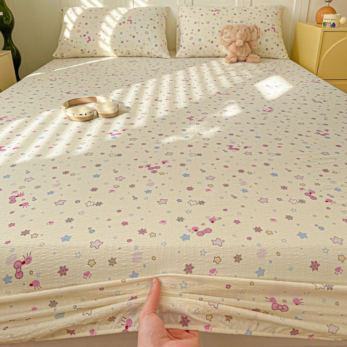 91家纺网 家纺一手货源 找家纺 小桃姐家纺 2025新款超柔印花云感泡芙双层纱床笠单件床笠二三件套 喵星空