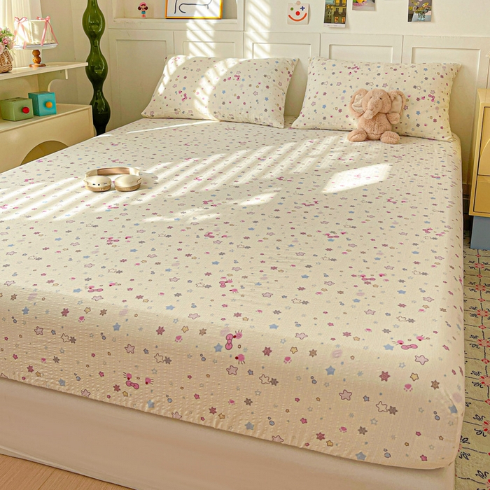 91家纺网 家纺一手货源 找家纺 小桃姐家纺 2025新款超柔印花云感泡芙双层纱床笠单件床笠二三件套 喵星空