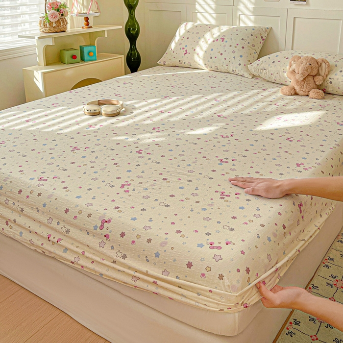 91家纺网 家纺一手货源 找家纺 小桃姐家纺 2025新款超柔印花云感泡芙双层纱床笠单件床笠二三件套 喵星空