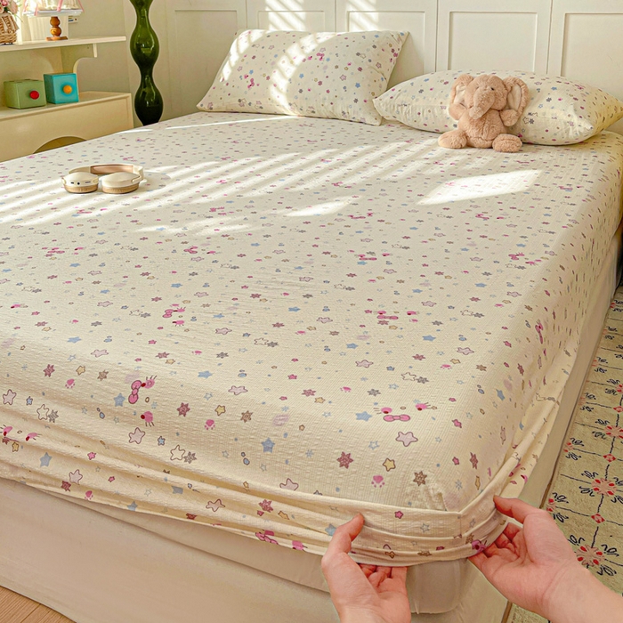 91家纺网 家纺一手货源 找家纺 小桃姐家纺 2025新款超柔印花云感泡芙双层纱床笠单件床笠二三件套 喵星空