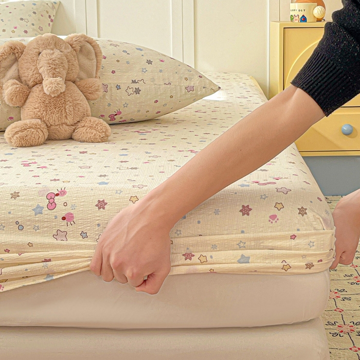 91家纺网 家纺一手货源 找家纺 小桃姐家纺 2025新款超柔印花云感泡芙双层纱床笠单件床笠二三件套 喵星空