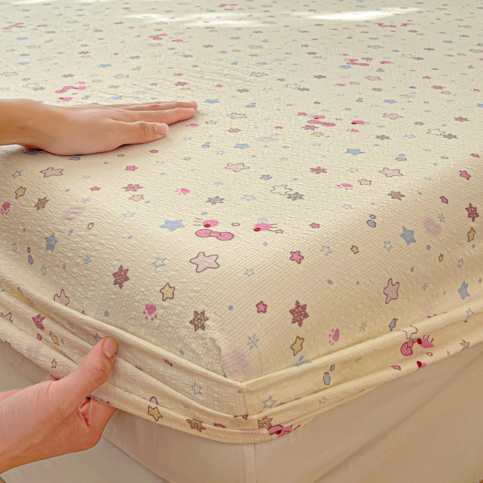 91家纺网 家纺一手货源 找家纺 小桃姐家纺 2025新款超柔印花云感泡芙双层纱床笠单件床笠二三件套 喵星空