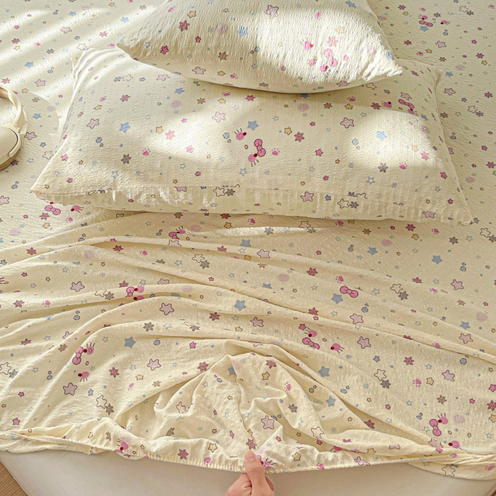 91家纺网 家纺一手货源 找家纺 小桃姐家纺 2025新款超柔印花云感泡芙双层纱床笠单件床笠二三件套 喵星空