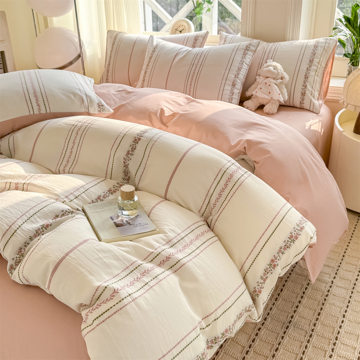 91家纺网 家纺一手货源 找家纺 灰鲸 2026新款A类全棉纯棉色织提花四件套 罗兰-粉