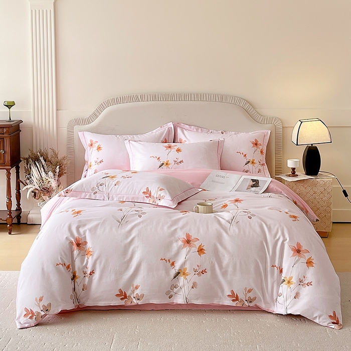 梧桐树 2026新款高支密全棉纯棉印花四件套 A604春序粉