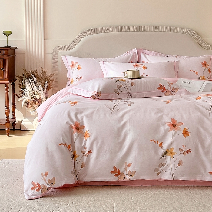 91家纺网 家纺一手货源 找家纺 梧桐树 2026新款高支密全棉纯棉印花四件套 A604春序粉