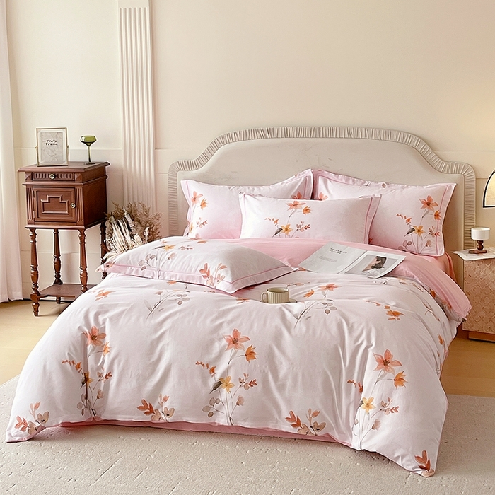 91家纺网 家纺一手货源 找家纺 梧桐树 2026新款高支密全棉纯棉印花四件套 A604春序粉