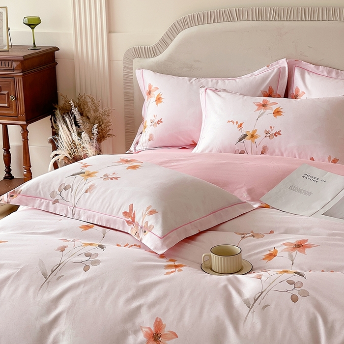 91家纺网 家纺一手货源 找家纺 梧桐树 2026新款高支密全棉纯棉印花四件套 A604春序粉