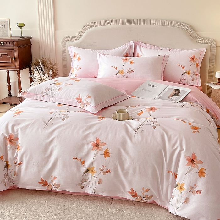 91家纺网 家纺一手货源 找家纺 梧桐树 2026新款高支密全棉纯棉印花四件套 A604春序粉