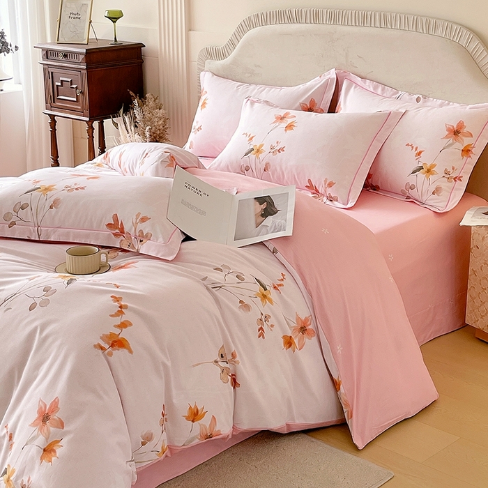 91家纺网 家纺一手货源 找家纺 梧桐树 2026新款高支密全棉纯棉印花四件套 A604春序粉