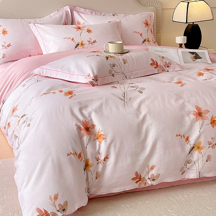 91家纺网 家纺一手货源 找家纺 梧桐树 2026新款高支密全棉纯棉印花四件套 A604春序粉