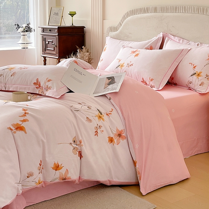 91家纺网 家纺一手货源 找家纺 梧桐树 2026新款高支密全棉纯棉印花四件套 A604春序粉