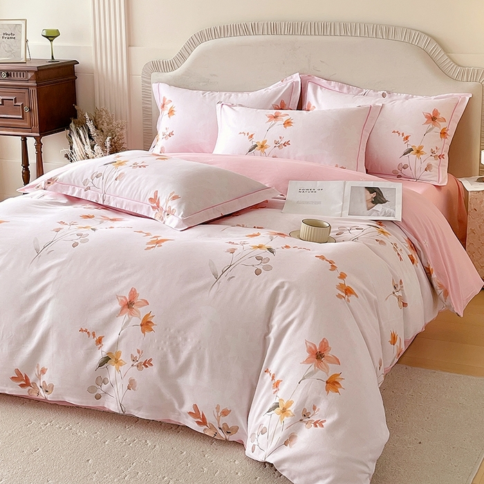 91家纺网 家纺一手货源 找家纺 梧桐树 2026新款高支密全棉纯棉印花四件套 A604春序粉