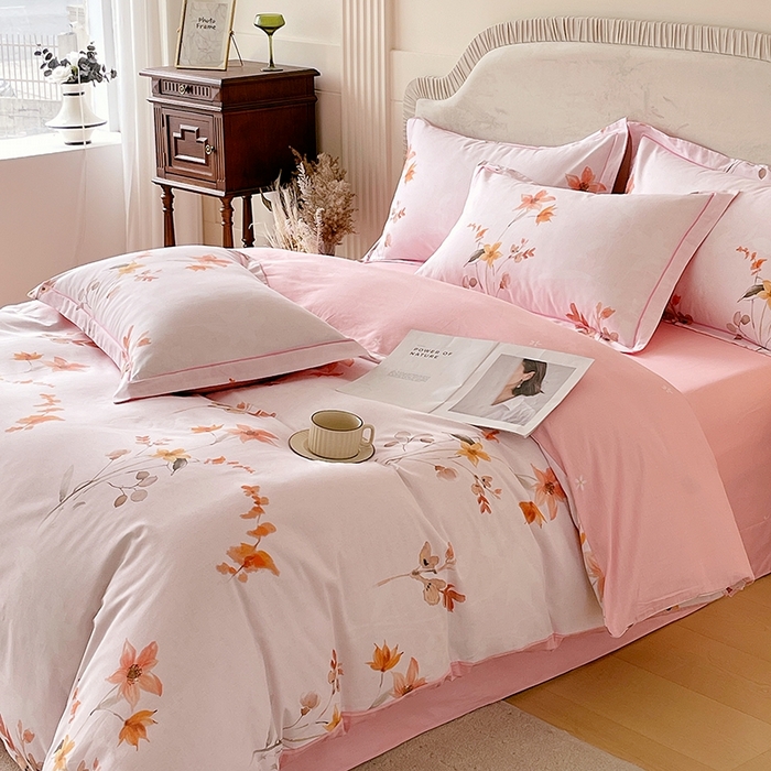 91家纺网 家纺一手货源 找家纺 梧桐树 2026新款高支密全棉纯棉印花四件套 A604春序粉