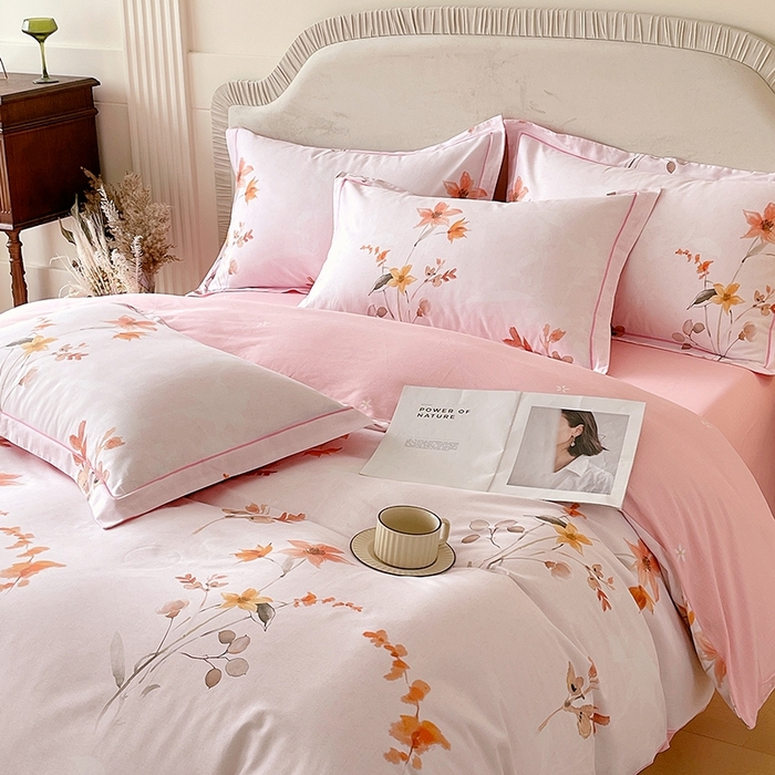 91家纺网 家纺一手货源 找家纺 梧桐树 2026新款高支密全棉纯棉印花四件套 A604春序粉