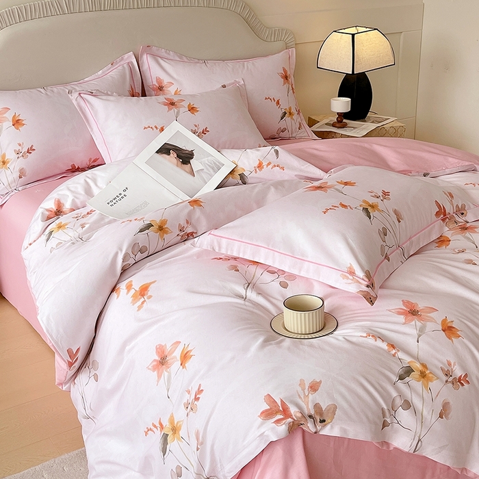 91家纺网 家纺一手货源 找家纺 梧桐树 2026新款高支密全棉纯棉印花四件套 A604春序粉