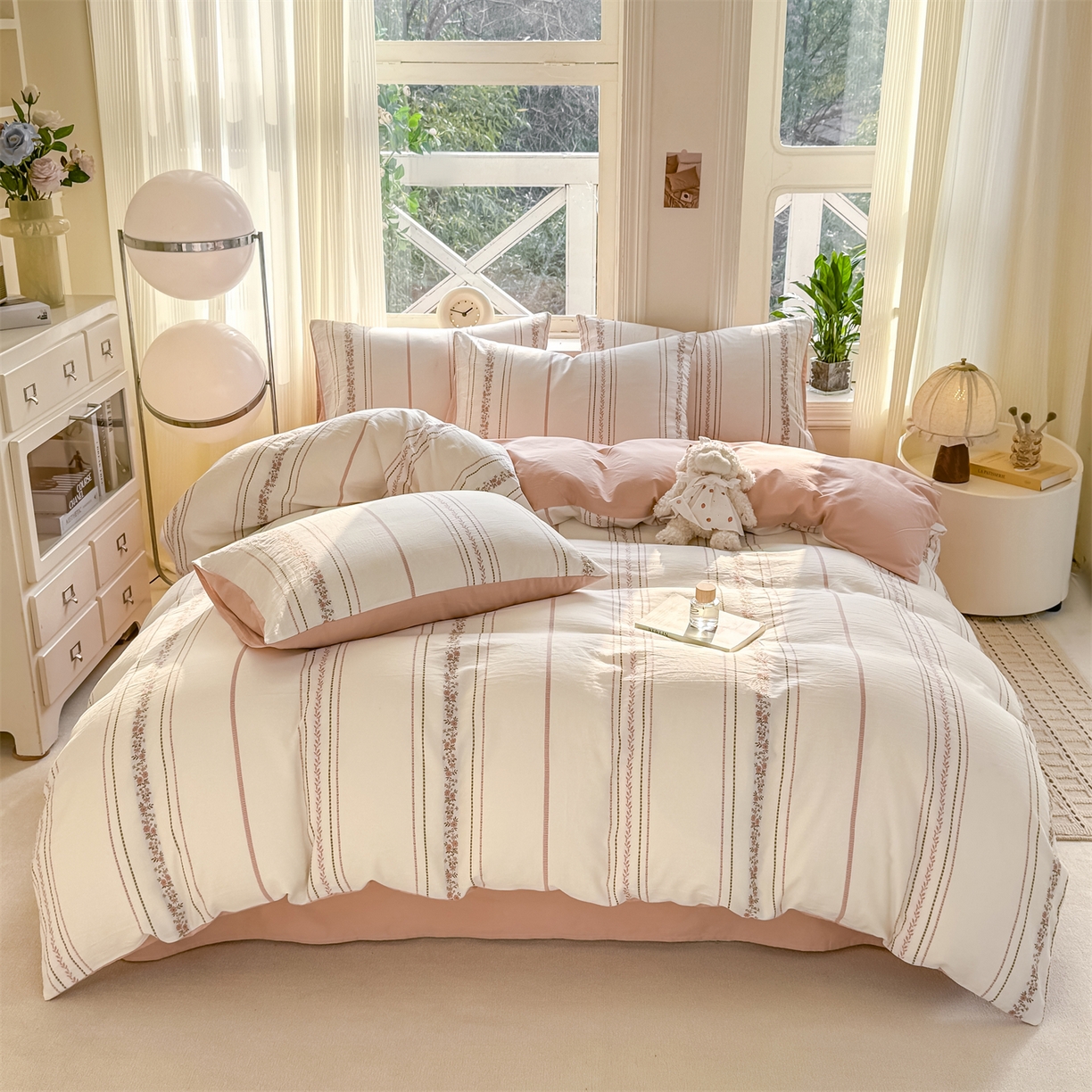 91家纺网 家纺一手货源 找家纺 灰鲸 2026新款A类全棉纯棉色织提花四件套 罗兰-粉