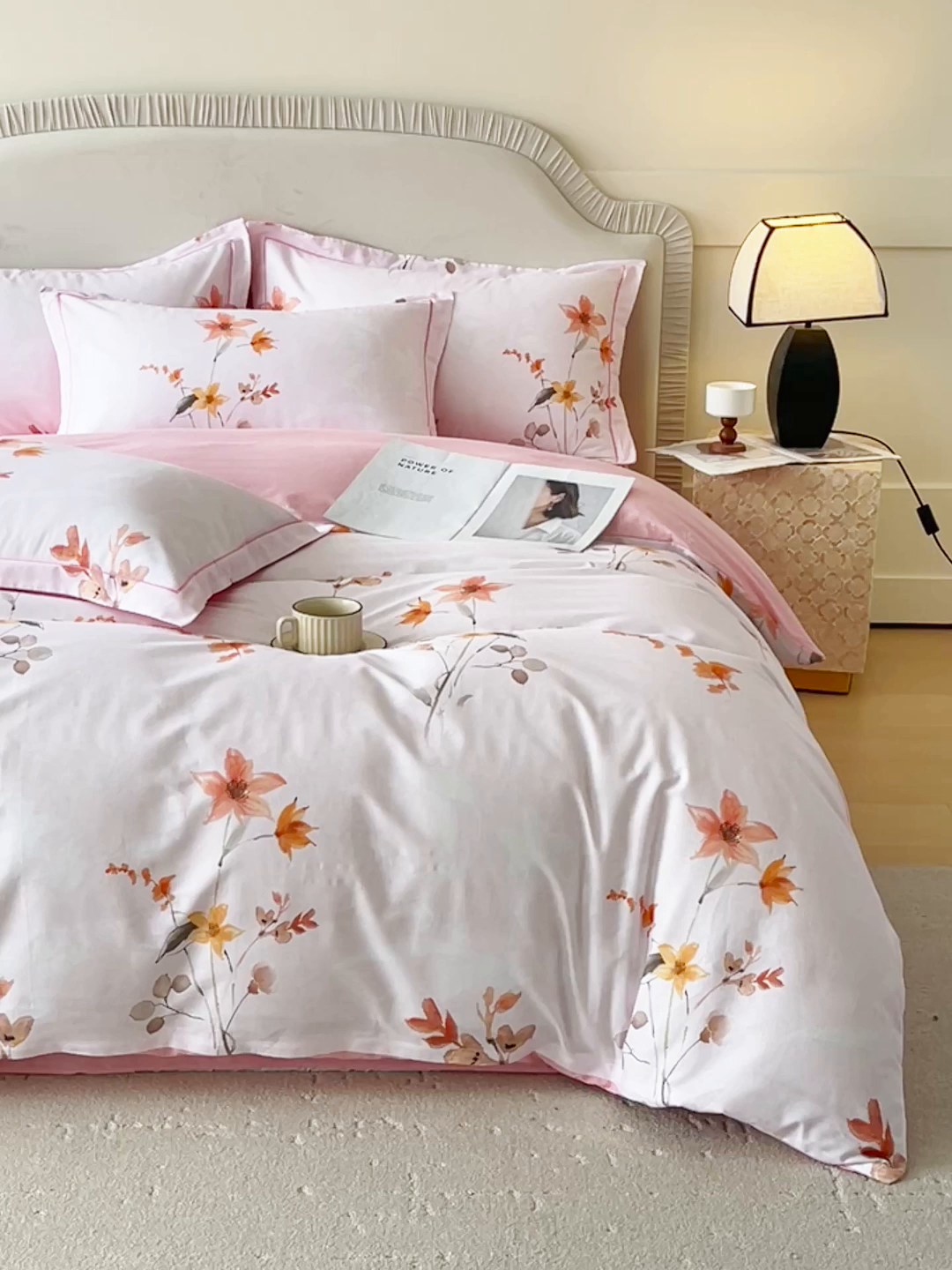 91家纺网 家纺一手货源 找家纺 梧桐树 2026新款高支密全棉纯棉印花四件套 A604春序粉