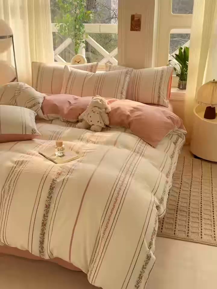 91家纺网 家纺一手货源 找家纺 灰鲸 2026新款A类全棉纯棉色织提花四件套 罗兰-粉