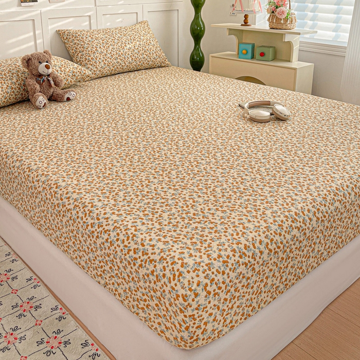 91家纺网 家纺一手货源 找家纺 小桃姐家纺 2025新款超柔印花云感泡芙双层纱床笠单件床笠二三件套 暖橘