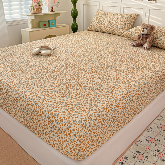 91家纺网 家纺一手货源 找家纺 小桃姐家纺 2025新款超柔印花云感泡芙双层纱床笠单件床笠二三件套 暖橘