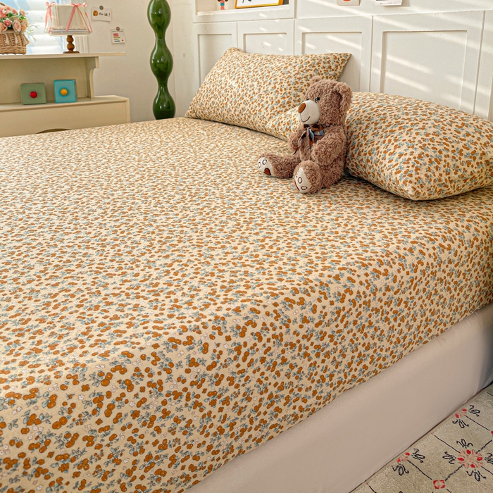 91家纺网 家纺一手货源 找家纺 小桃姐家纺 2025新款超柔印花云感泡芙双层纱床笠单件床笠二三件套 暖橘