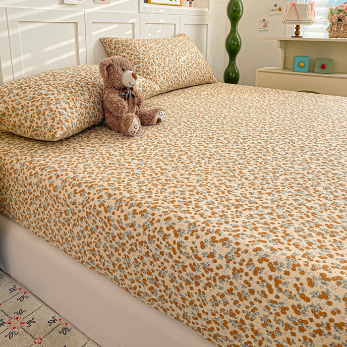 91家纺网 家纺一手货源 找家纺 小桃姐家纺 2025新款超柔印花云感泡芙双层纱床笠单件床笠二三件套 暖橘