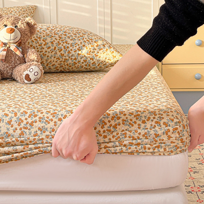 91家纺网 家纺一手货源 找家纺 小桃姐家纺 2025新款超柔印花云感泡芙双层纱床笠单件床笠二三件套 暖橘