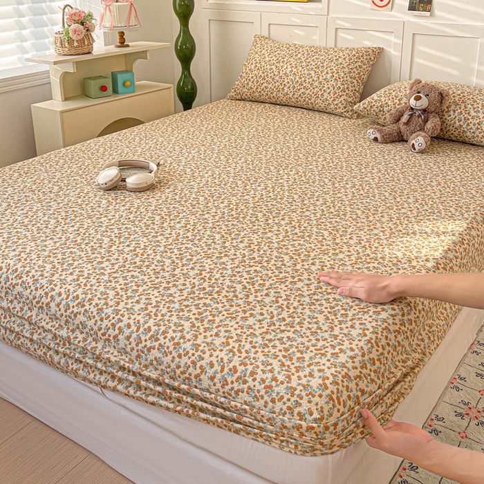 91家纺网 家纺一手货源 找家纺 小桃姐家纺 2025新款超柔印花云感泡芙双层纱床笠单件床笠二三件套 暖橘