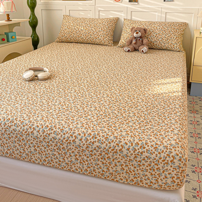 91家纺网 家纺一手货源 找家纺 小桃姐家纺 2025新款超柔印花云感泡芙双层纱床笠单件床笠二三件套 暖橘