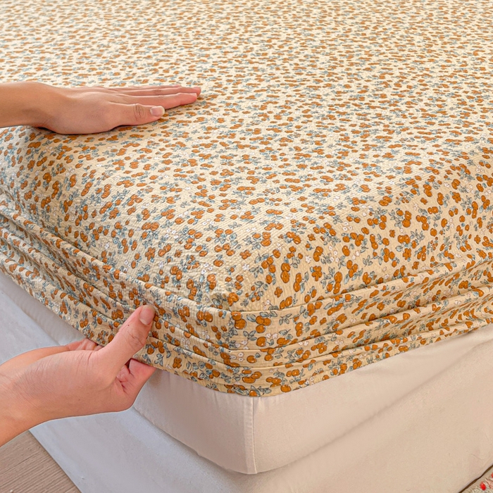 91家纺网 家纺一手货源 找家纺 小桃姐家纺 2025新款超柔印花云感泡芙双层纱床笠单件床笠二三件套 暖橘