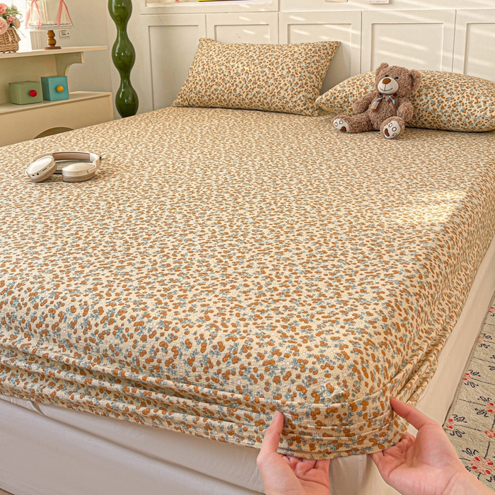 91家纺网 家纺一手货源 找家纺 小桃姐家纺 2025新款超柔印花云感泡芙双层纱床笠单件床笠二三件套 暖橘