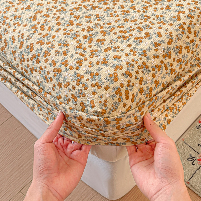 91家纺网 家纺一手货源 找家纺 小桃姐家纺 2025新款超柔印花云感泡芙双层纱床笠单件床笠二三件套 暖橘