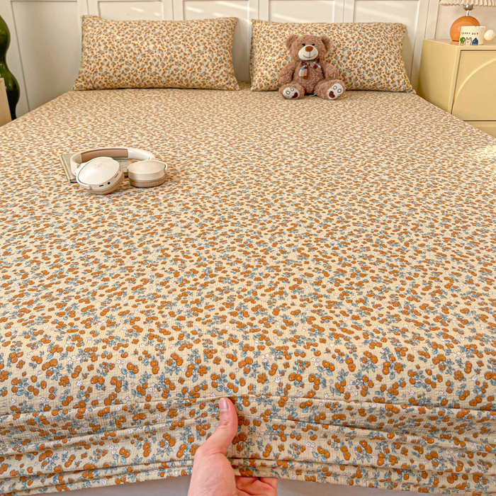 91家纺网 家纺一手货源 找家纺 小桃姐家纺 2025新款超柔印花云感泡芙双层纱床笠单件床笠二三件套 暖橘