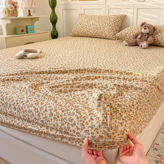 91家纺网 家纺一手货源 找家纺 小桃姐家纺 2025新款超柔印花云感泡芙双层纱床笠单件床笠二三件套 暖橘