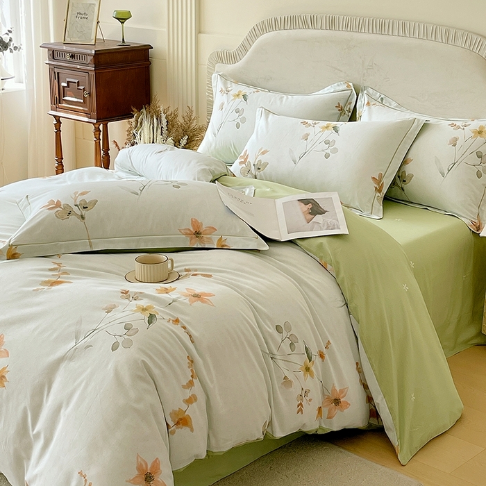 91家纺网 家纺一手货源 找家纺 梧桐树 2026新款高支密全棉纯棉印花四件套 A605春序绿